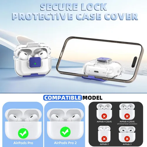 Miniatura 2 de Funda de bloqueo seguro para AirPods Pro 2 con soporte para teléfono, funda protectora de TPU suave y transparente a prueba de golpes para Airpods