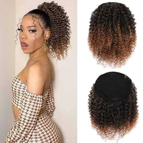 Miniatura 7 de Cola de caballo con cordón para mujeres negras, cola de caballo rizada afro para mujeres negras, cola de caballo rizada de onda corta, extensiones