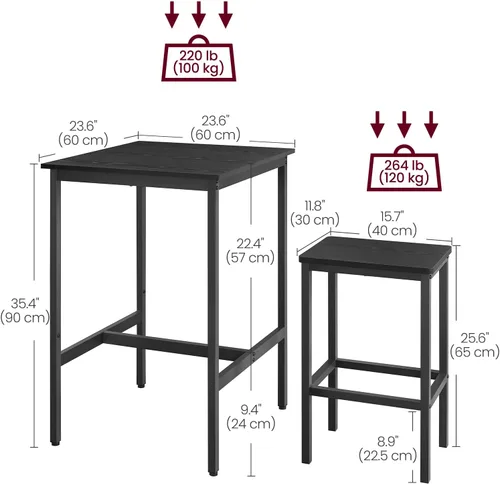 Miniatura 4 de VASAGLE - Juego de mesa de bar y sillas, mesa cuadrada con 2 taburetes, juego de pub para comedor para 2, ahorro de espacio para cocina, desayuno