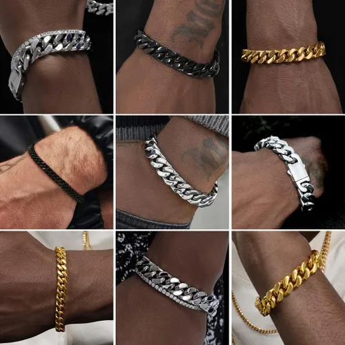 Miniatura 2 de ChainsHouse Pulsera de eslabones cubanos de acero inoxidable para hombre, 0.197in0.276in0.354in0.472in de ancho, 7.5"8.3"9" de largo, negro18K