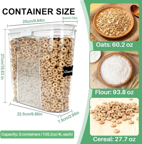 Miniatura 4 de Contenedores de almacenamiento de cereales, juego de 3 recipientes herméticos de PET con tapas (135.2oz/4L) para organización de gabinete de cocina