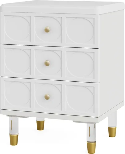 Miniatura 8 de Tribesigns Mesita de noche de 3 cajones blanca y dorada con cajones, versátil y moderna mesita de noche blanca con almacenamiento para dormitorio