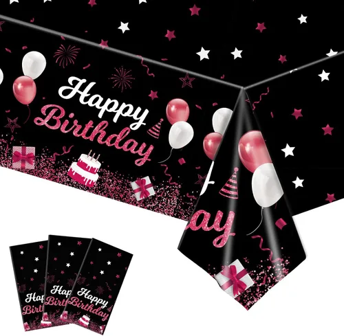 MRJ Black Party Supplies - Paquete de 3 manteles de feliz cumpleaños con estrellas rosas y negras, decoraciones perfectas para fiestas de cumpleaños