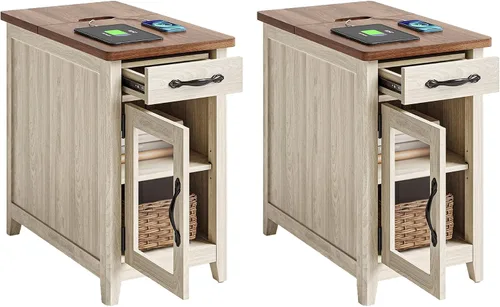 LINSY HOME Juego de 2 mesas auxiliares con estación de carga, mesa auxiliar moderna de estilo granja para sofá, mesa de noche de madera para sala de