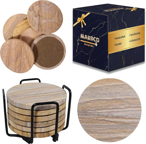 Posavasos redondos absorbentes de agua hechos a mano para bebidas, 4 pulgadas de ancho, hechos de piedra arenisca arcoíris (juego de 6 con soporte)