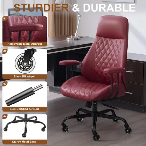 Miniatura 7 de E-Motie Silla de Escritorio para Oficina en Casa, Silla de Computadora de Cuero Ergonómica de Respaldo Alto con Soporte Lumbar, Altura Ajustable