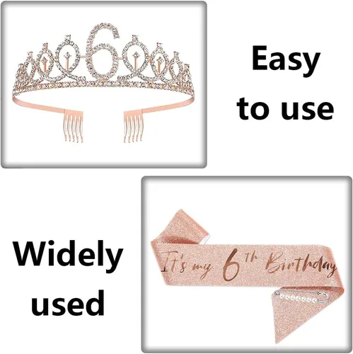 Miniatura 5 de Juego de banda y tiara de 6º cumpleaños, corona de banda de cumpleaños de oro rosa, suministros para fiesta de cumpleaños
