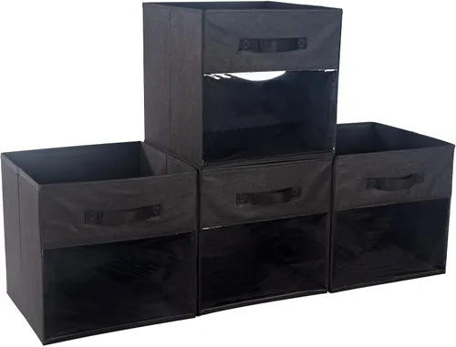 Paquete de 4 cubos de almacenamiento con ventana transparente, cajas grandes con asas, organizador de armario de tela, 13 x 13 x 13 pulgadas, color