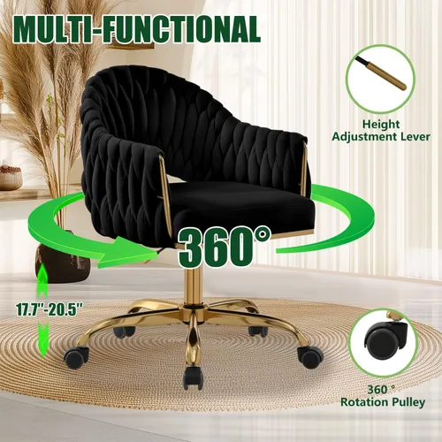 Miniatura 6 de Bonita silla de tocador con detalles de concha: silla giratoria ajustable y cómoda tapizada para oficina en casa, silla de maquillaje con brazos Oro