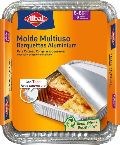 Albal Aluminio 32x26x5 Centímetros con Tapa | Desechable | Asar, Congelar y Conservar | 6-8 porciones | 2 Moldes, Aluminio, Plata, 12.6x10.2 in