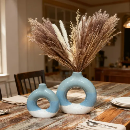 Miniatura 5 de Juego de 2 jarrones azules decorativos de cerámica, decoración del hogar con diseño de dona, decoración de granja, decoración de mesa, estantería