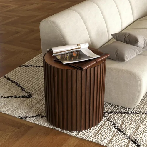 Miniatura 10 de POVISON Mesa auxiliar, mesa de centro redonda de madera, mesa auxiliar moderna para sala de estar, mesa de centro acanalada, color negro, totalmente