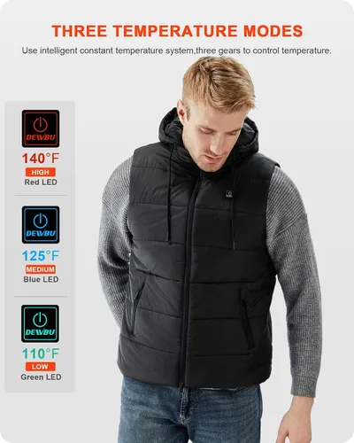 Miniatura 4 de DEWBU Chaleco calefactado con batería de 12 V, múltiples métodos de fuente de alimentación, ropa térmica ligera con capucha desmontable