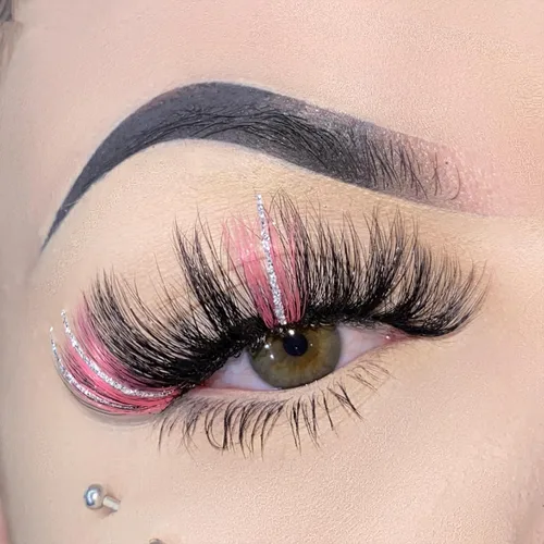 Miniatura 6 de Pestañas postizas negras con reflejos rosados y purpurina plateada, 1 par de pestañas de tira voluminosas brillantes con color, visón sintético