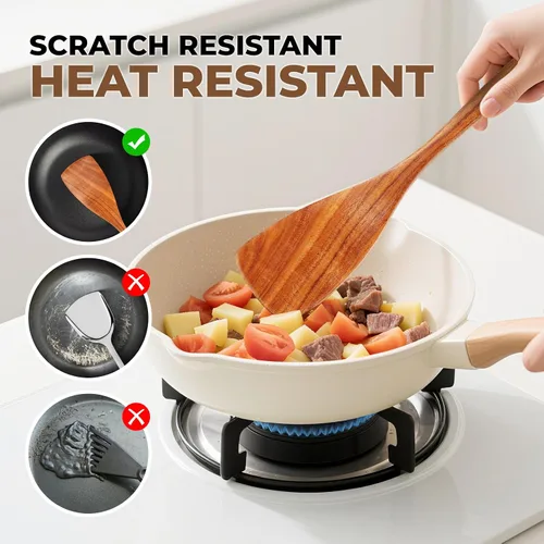Miniatura 3 de Juego de utensilios de cocina de madera de teca natural - 4 piezas de cucharas de madera para cocinar con cucharón, espátula y cuchara ranurada