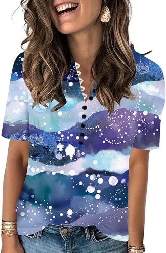 Miniatura 81 de Summer Shirts for Women 2025 Plus Size Short Sleeve Henley Tops Marble Floral Loose Tshirt Tee Casual Dressy Tunics