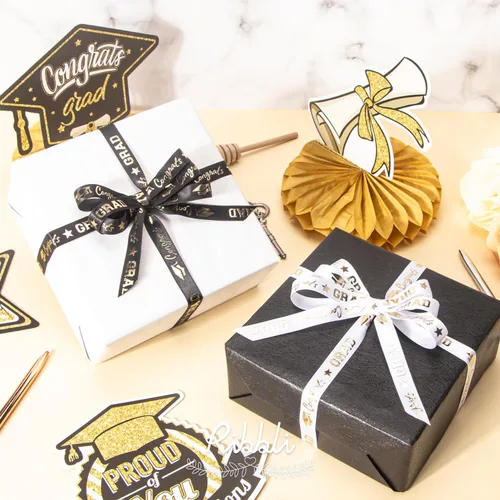 Miniatura 3 de Ribbli Cinta de graduación, cinta de satén negra y dorada de felicitaciones para envolver regalos, decoración de fiesta de graduación, 1/2 pulgada x