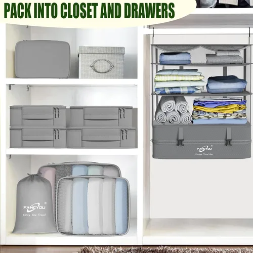 Miniatura 6 de Compressible Packing Cubes Portable Hanging Closet Shelves 17"x12"x24" Extendable Travel Organizer Nylon Packing Bags for Suitcase