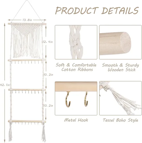 Miniatura 2 de Teniinet Organizador colgante de joyas, colgador de collar de macramé bohemio montado en la pared con 30 ganchos, soporte de joyería colgante