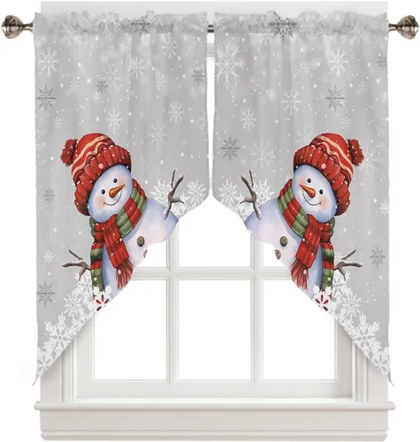 Miniatura 21 de BEMIGO Cortinas de cocina de Navidad, lindas cortinas de granja con muñeco de nieve azul, cenefa con bolsillo para barra de copos de nieve
