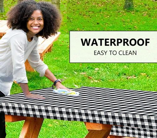 Miniatura 4 de LINPRO - Funda de mesa de picnic de 6 pies con fundas para bancos, fundas ajustadas de mesa de picnic de vinilo con elástico, elementos esenciales