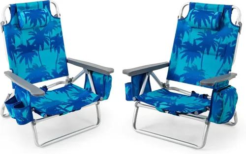 Miniatura 37 de Goplus Silla de playa, mochila plegable para adultos, sillas de playa con posiciones ajustables, almohada para la cabeza, bolsa refrigeradora