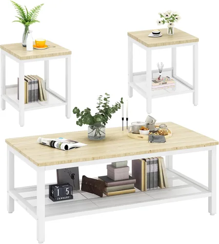 Miniatura 11 de Conjunto de 3 mesas de café AWQM, mesa de café industrial con 2 mesas auxiliares cuadradas, conjunto de mesas modernas para sala de estar