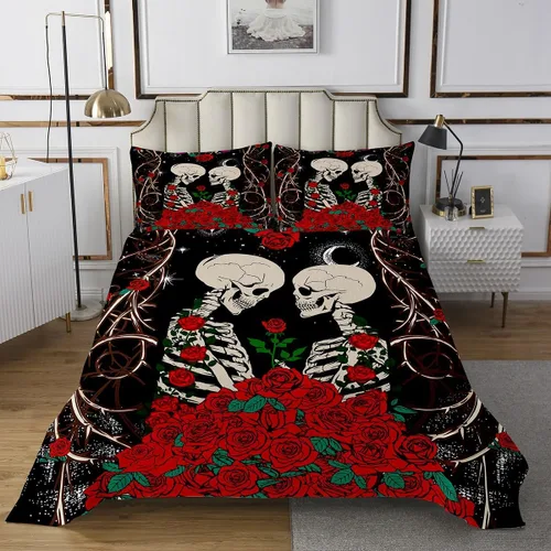 Miniatura 2 de Erosebridal Juego de colcha gótica acolchada con calavera de azúcar para parejas, romántica rosa roja para niños, mujeres y hombres, juego
