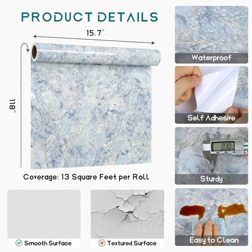 Miniatura 9 de VEELIKE Papel de contacto de mármol azul crema para encimeras, impermeable, para despegar y pegar, papel tapiz de mármol brillante para cocina, 15.7