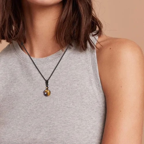 Miniatura 4 de COAI Collar con colgante de piedra de obsidiana brillante de plata con cuentas redondas