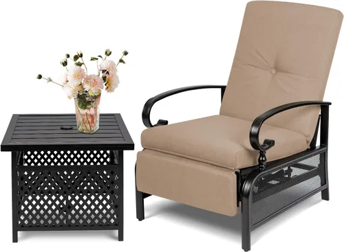 Miniatura 14 de Sillón ajustable para patio, sillón reclinable de metal automático con cojines extraíbles, color azul