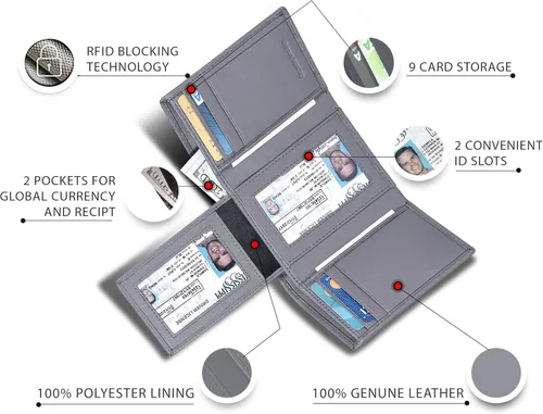 Miniatura 2 de Billetera triple de cuero real para hombre, billetera RFID delgada, 9 tarjetas de crédito, 2 compartimentos de identificación, regalo para hombres