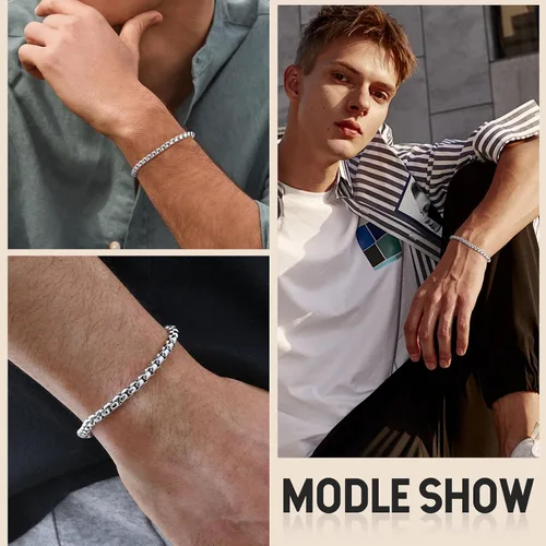Miniatura 4 de VNOX Box Chain Bracelet for Men Women - Simple Metal Mens Bracelets Square Rolo Link Round Box Chain Black Stainless Steel Bracelets Jewelry Gifts