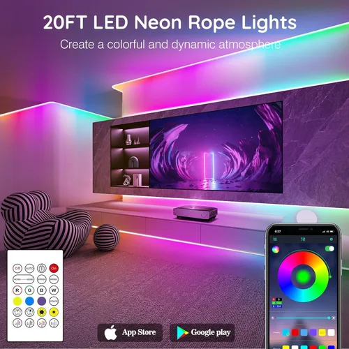 Miniatura 2 de SINLEY Tira de luces LED de neón de 20 pies, control con aplicación/control remoto, luces LED flexibles, múltiples modos, IP68 luces de neón RGB