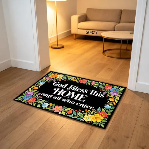 Miniatura 3 de Felpudo con texto en inglés «Bless This Home and All Who Intre», diseño floral de bienvenida, decoración de baño