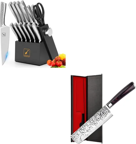 imarku Nakiri - Juego de cuchillos para cocina con bloque y afilador, cuchillo para verduras y carne, afilado