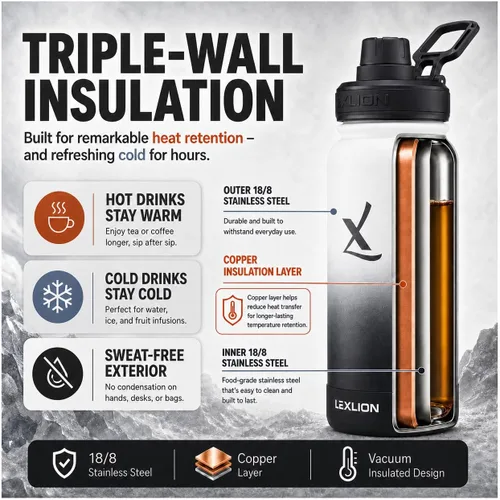 Miniatura 7 de Lexlion Botella de Agua con Infusor de Té 32 Oz – Termo de Acero Inoxidable con Triple Pared Aislada, Colador para Hojas Sueltas y Frutas, 3 Tapas a