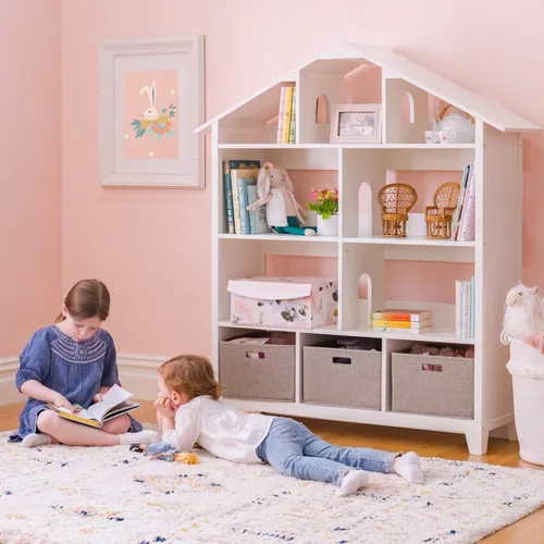 Miniatura 8 de Martha Stewart Librería de casa de muñecas de lujo para niños - Gris: estantería de madera para niños y organizador alto para libros