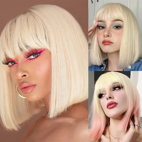 Miniatura 8 de Extensión de cabello rubio ceniza, clip de flequillo francés, grueso y natural, flequillo ordenado, flequillo recto con fleco con sienes, una pieza