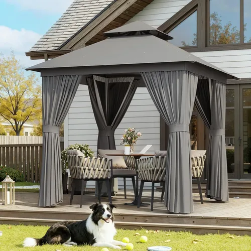 Aoxun Gazebo para exteriores de 8 x 8 pulgadas para patio, toldo con marco de metal, cenador pequeño de doble techo resistente, kiosco para patio