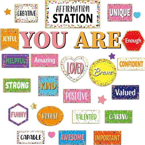 Miniatura 10 de Juego de tablón de anuncios motivacional de estación de afirmación pastel, tablero de anuncios de arcoíris pastel para decoración de pared de aula