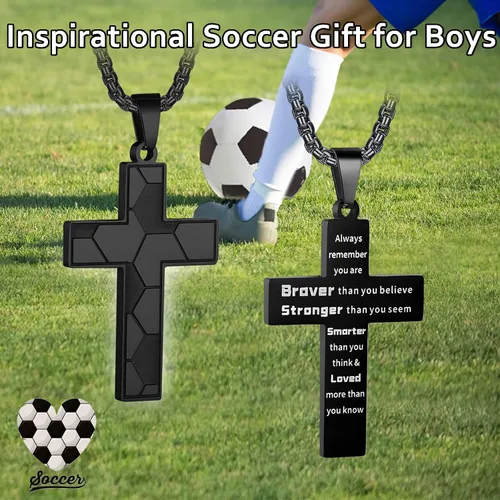 Miniatura 5 de Collar de cruz de fútbol para niños, colgante de cruz de versículo bíblico inspirador, cadena de acero inoxidable de 22 + 2 pulgadas, joyería