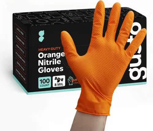 Miniatura 5 de GUSTO 8 Mil Disposable Orange Nitrile Gloves HEAVY DUTY, Industrial, Diamond Texture - Formerly Comfy Package