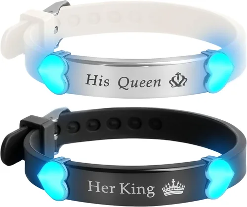 Miniatura 11 de 2 unids/set Herat Matching Pareja Pulseras Grow in the Dark English Letter Acero inoxidable Silicona Pulsera Novio Novia Esposa Regalo del Día