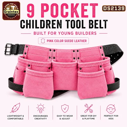 Miniatura 2 de Graintex DS2139: Cinturón portaherramientas de 9 bolsillos para niños en color rosa, cuero de ante, cinturón real para niños, delantal