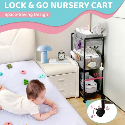 Miniatura 5 de Organizador de Pañales para Bebé 2 en 1 - Carrito de Almacenamiento Rodante de 3 Niveles con Divisores - Carrito de Pañales de Cabecera para Negro