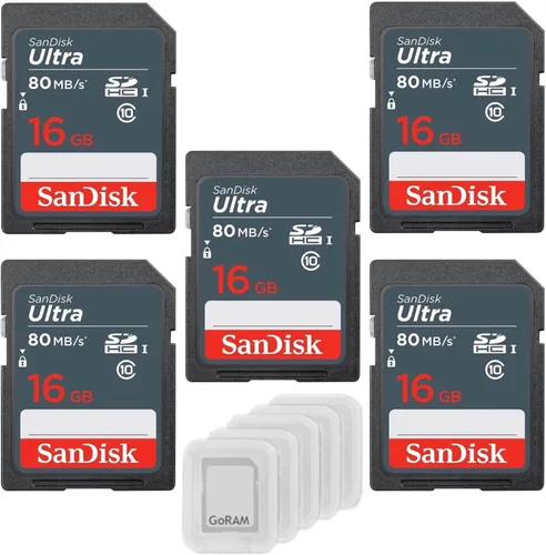 SanDisk Tarjeta de memoria Ultra SDHC UHS-I de 16 GB clase 10 80MB/s U1, Full HD, tarjeta de cámara SD SDSDUNS-016G-GN3IN (paquete de 5) paquete con
