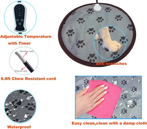 Miniatura 3 de Almohadilla térmica para mascotas para perros y gatos pequeños, cama eléctrica con temporizador, a prueba de mordidas, fácil de limpiar, redonda, 16