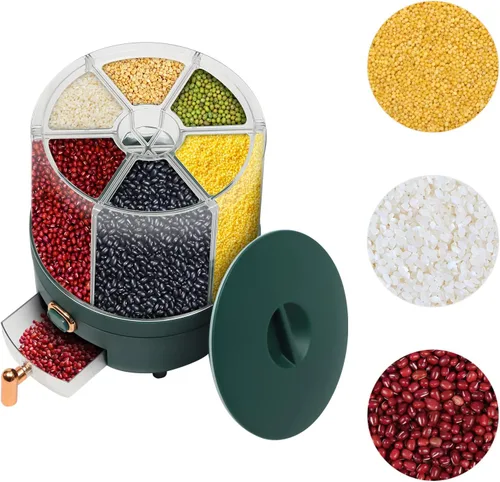 Miniatura 4 de Dispensador de arroz de 6 rejillas de 14 libras, dispensador de alimentos secos giratorio de 360°, dispensador de cereales de cocina, recipiente