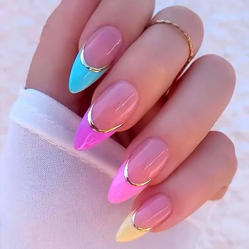 Miniatura 6 de Uñas postizas a presión con degradado rojo, almendra, longitud media, purpurina y líneas negras, uñas postizas de cobertura completa, uñas postizas